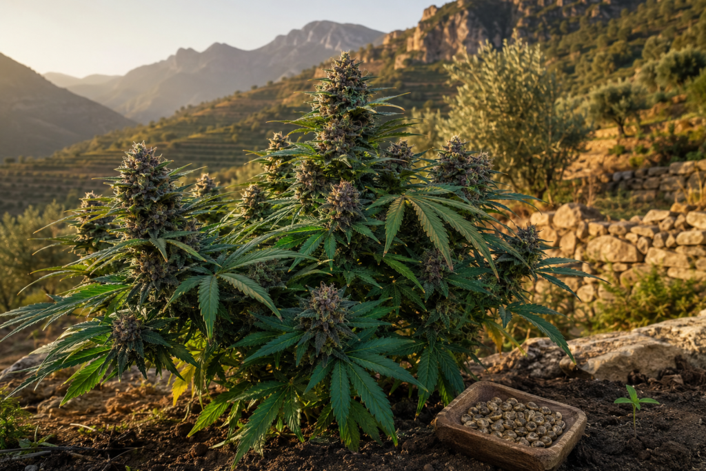 Mature resin-rich CBD hemp plant with purple-tinged flowers, a wooden tray of seeds and a young seedling on a sunlit terrace in Morocco’s Rif Mountains.
