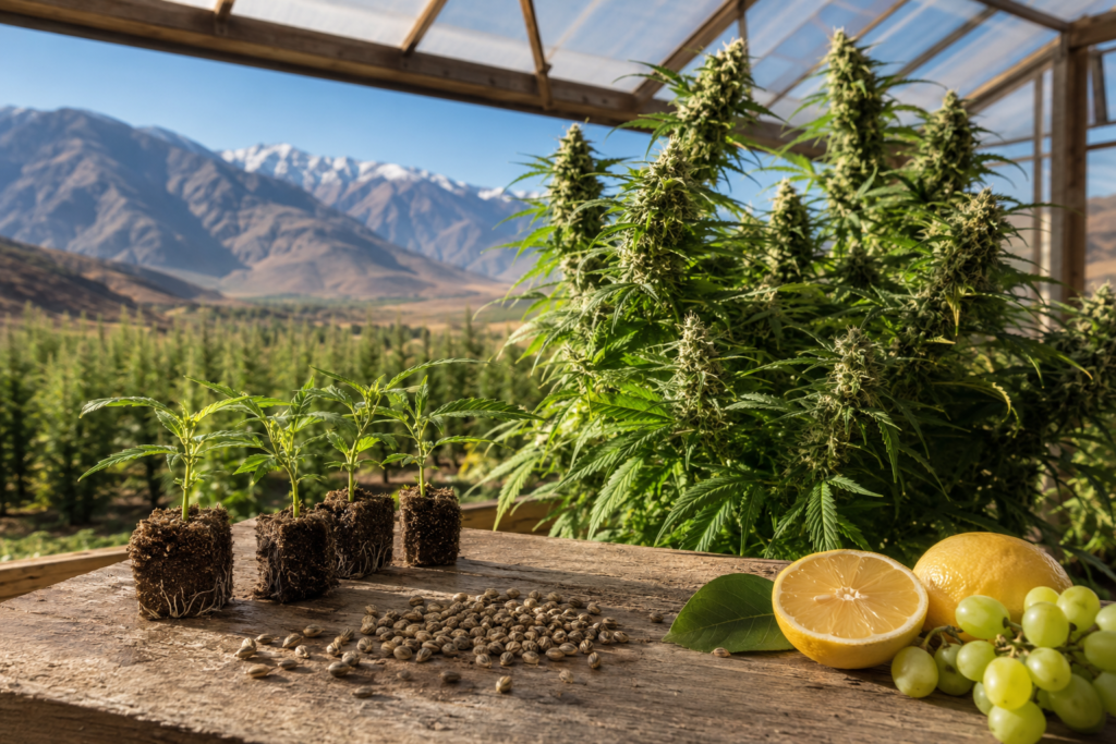 Sour Atlas CBD plant with seeds, young seedlings, lemon and green grapes in a sunlit greenhouse overlooking the Atlas Mountains.